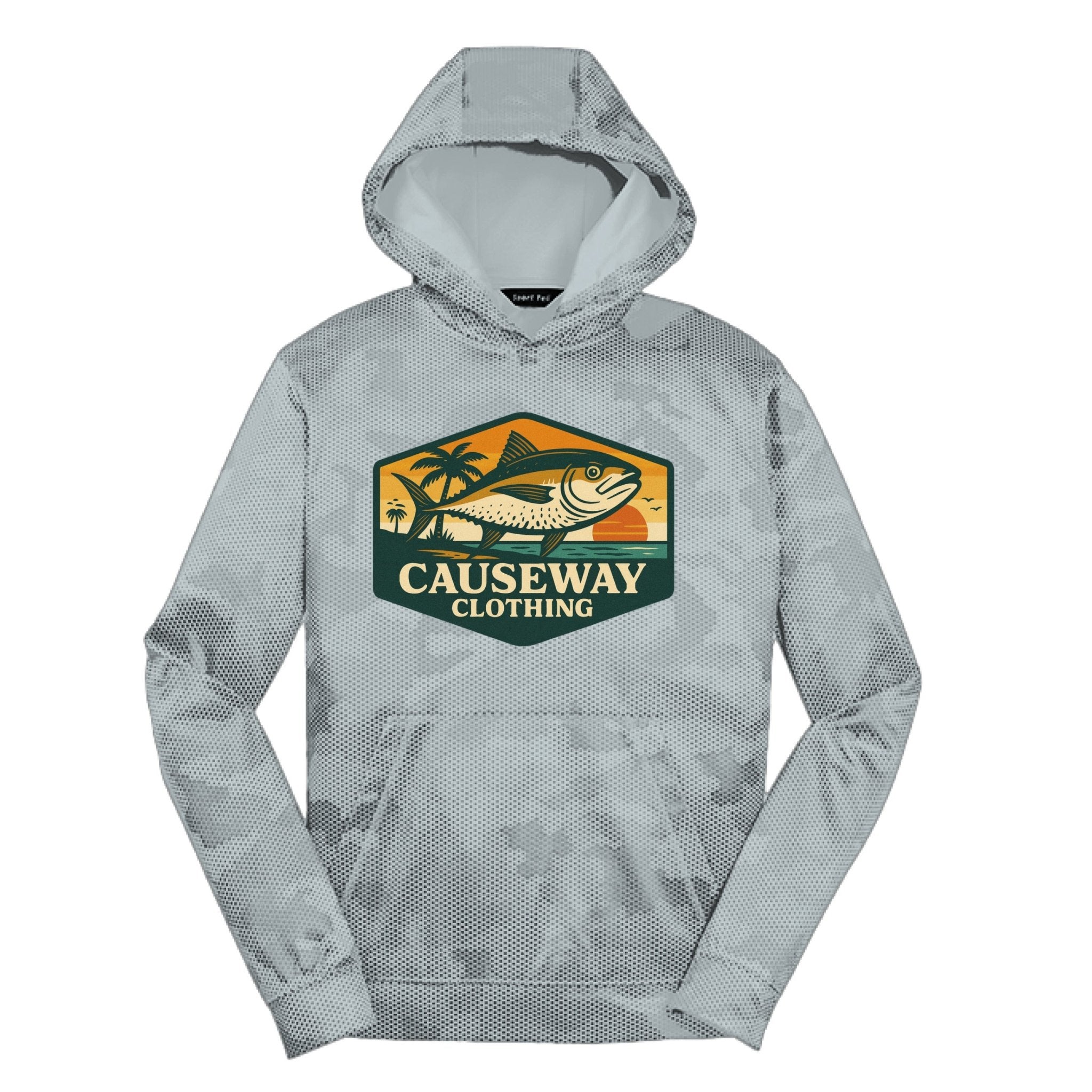 Kid Fish Hoodie - Youth Coastal Fishing Sweatshirt Front View - Sport-Tek CamoHex